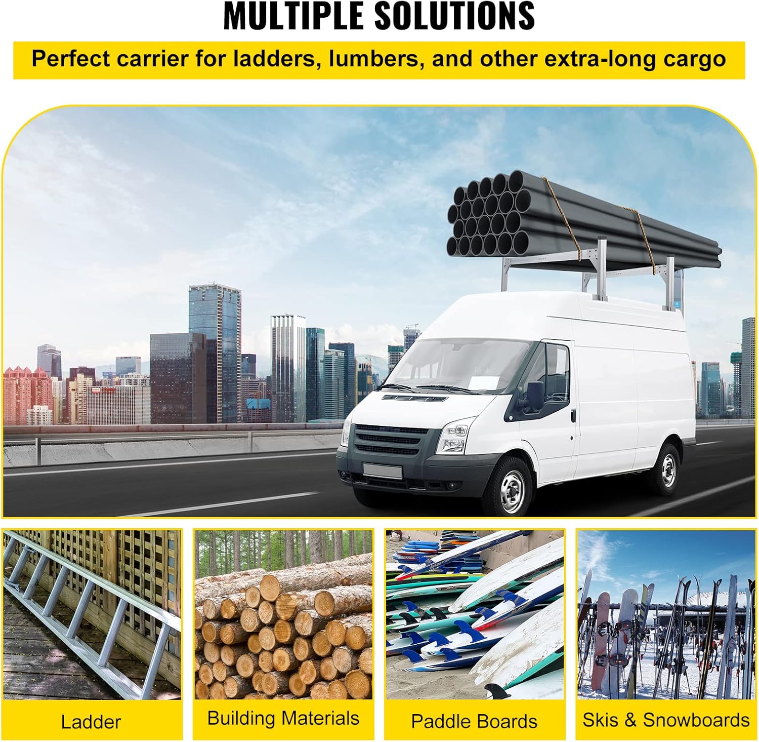 VEVOR Universal Roof Ladder Rack, Fit for 6.2'-8.3' Wide Vans, 2 Bars Adjustable Aluminum Trailer Ladder Rack with 330 LBS Capacity, for Cargo Vans Trucks or Pickups, Silver