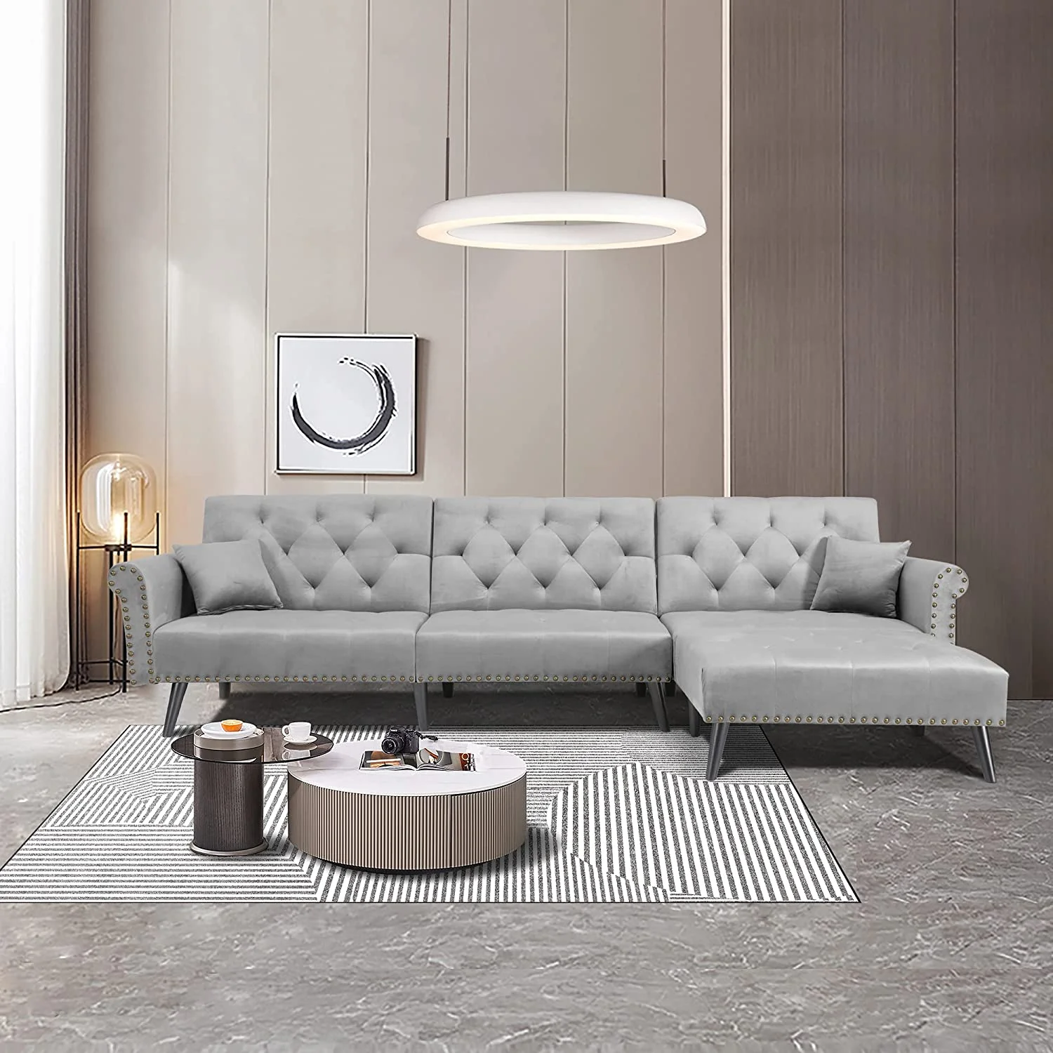LCH Velvet Convertible Sleeper Sectional Sofa Bed Reversible L Shaped Button Tufted Couch Living Room Furniture Set with Chaise Lounge 2 Pillows  Light Grey