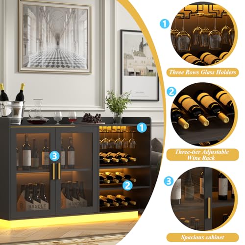 Loomie Wine Bar Cabinet with LED Lights, Floating Coffee Bar with Glass Rack and Removable Wine Racks, Modern Buffet Sideboard with Storage Shelves, Kithchen Bar with Glass Cabinet Doors, Black