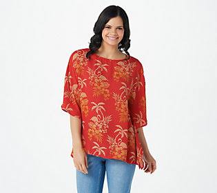 Quacker Factory Printed Caftan Top, Size X-Large, red/tangerine