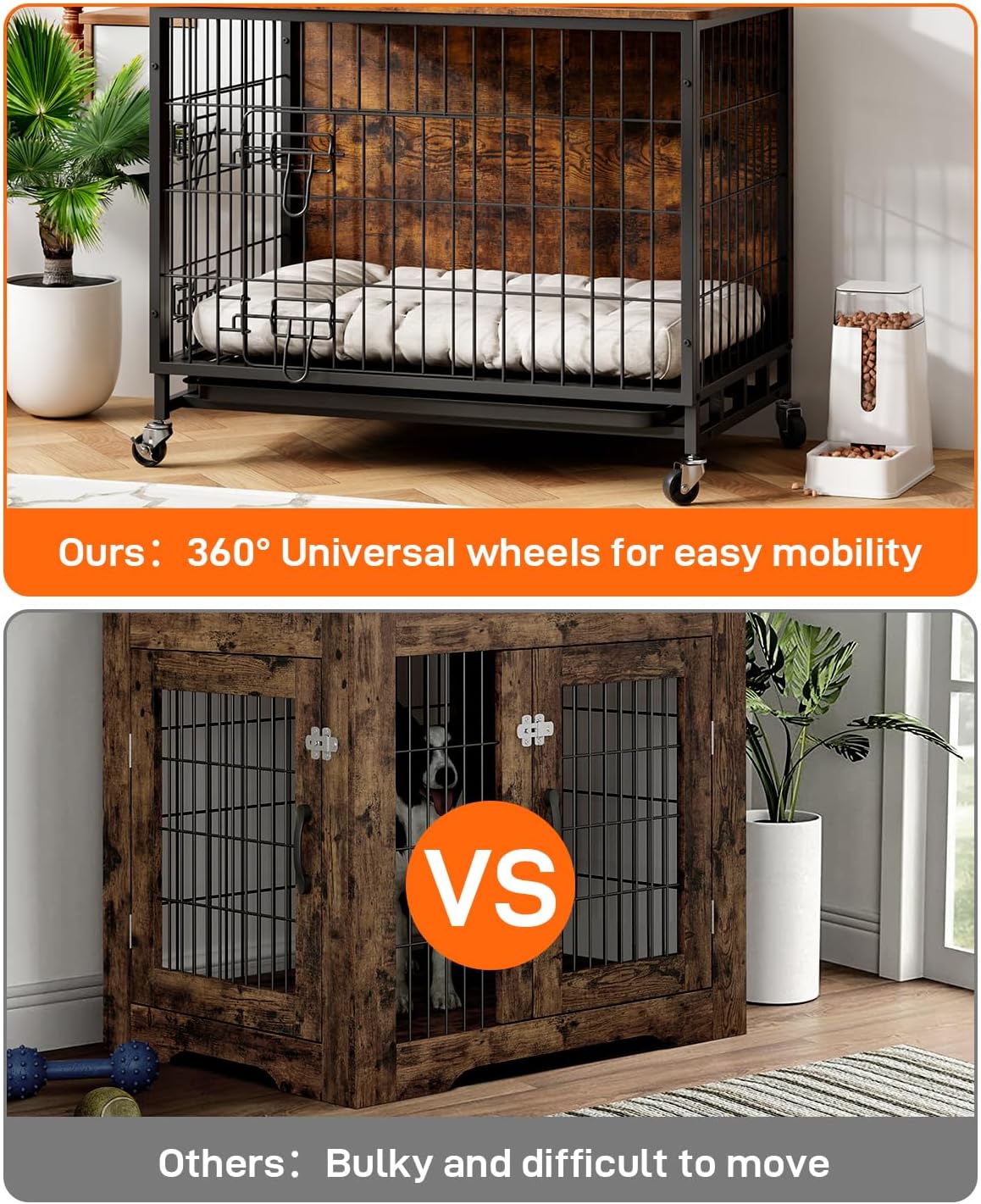 Dog Crate Furniture, 2024 New Furniture Style Dog Crate with Removable Tray and Wheels, Heavy-Duty Double-Doors Dog Cage End Table, 32.5" Wooden Dog Kennel, Indoor Dog House for Large Dogs, Brown