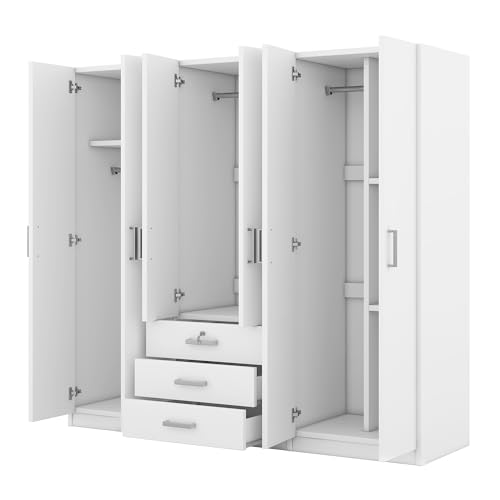 Large Wardrobe Closet 6 Doors, 70.9" W Wooden Wardrobe Cabinet with Big Drawers, Bedroom Armoire Dresser Wardrobe Clothes Organizer (Gray)