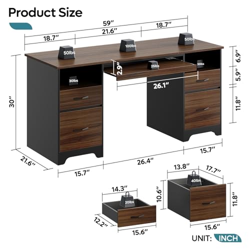 Bestier 59” Computer Desk with 4 Drawers, Office Desk with Storage, Industrial Executive Desk with File Drawer, Keyboard Tray & 2 Pedestals for Home Office & Studio, Cherry