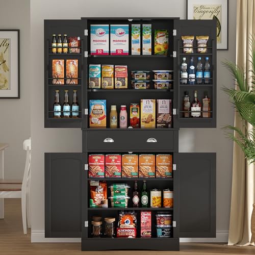 VOWNER Kitchen Pantry Cabinet with 4 Doors and 1 Drawer, Tall Storage Cabinet with Adjustable Shelves, Freestanding Cupboard for Kitchen, Dining Room and Living Room (White)