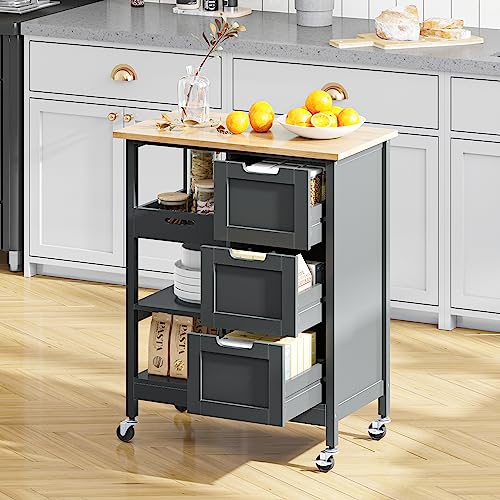 YITAHOME Small Solid Wood Top Kitchen Island Cart on Wheels with Storage, Rolling Portable Dining Room Serving Utility Carts Mobile Movable with 3 Drawers Cabinet, Oak & Gray