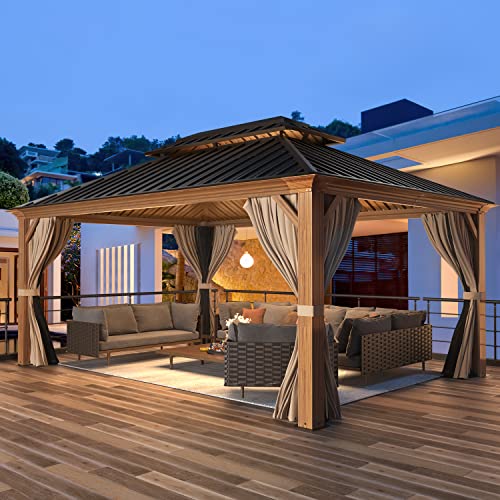 MELLCOM 12'x16' Hardtop Gazebo, Galvanized Steel Metal Double Roof Canopy with Curtains and Netting, Brown Permanent Pavilion Gazebos with Aluminum Frame for Garden, Patio, Lawns, Deck