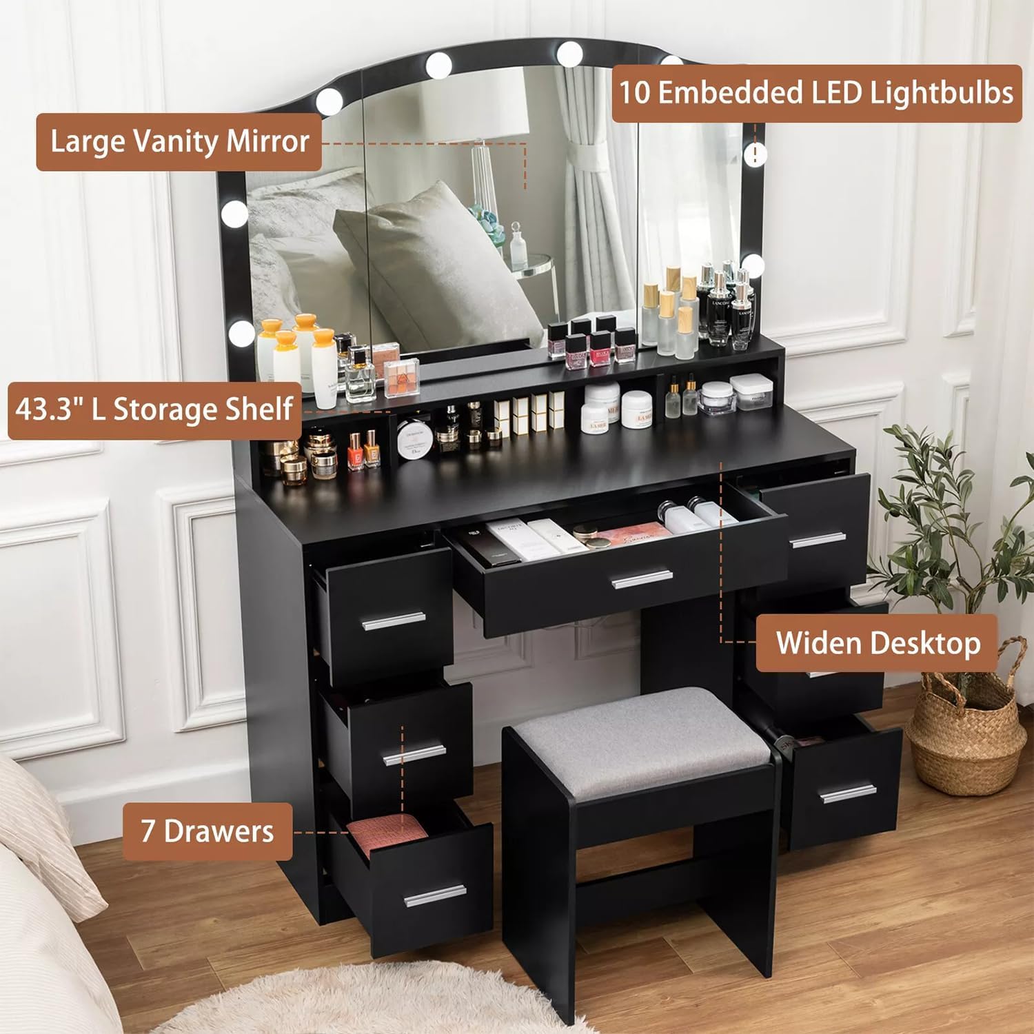 Modern 43.3 inches Black Vanity Desk with Large Lighted Mirror Makeup Vanity Table LED Lights 7 Drawers Storage Shelf Shelves Dressing Drawer Dresser Bedroom Home Wood New