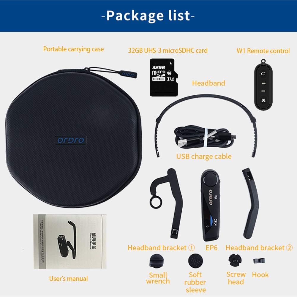 Camcorder 4K Head Mounted Camera ORDRO EP6 Wearable Video Camera FHD 1080P 60FPS Vlog Camera Recorder WiFi Hands-Off Camera Webcam (32GB MicroSDHC U1 Memory Card Included)