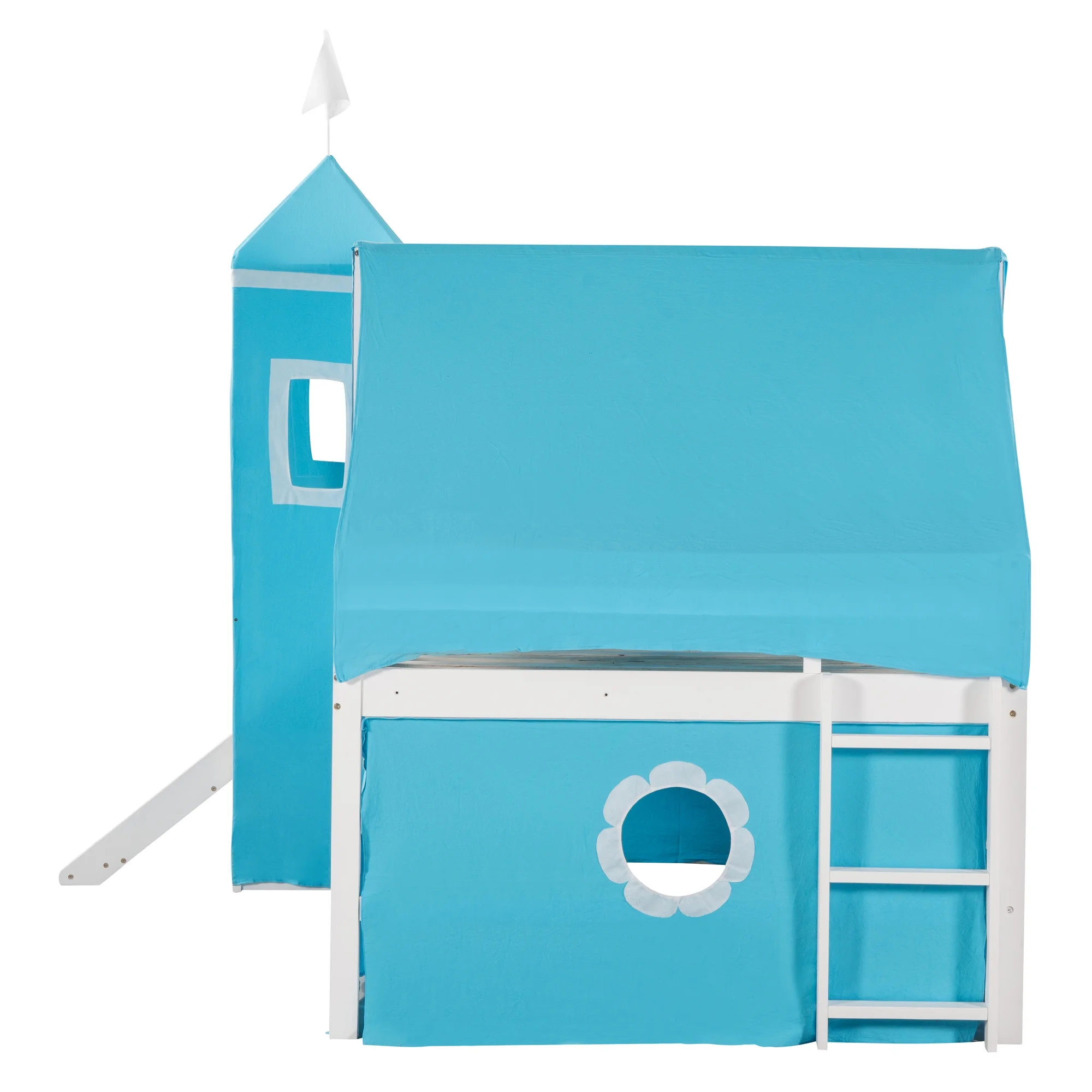 Wood Bunk Bed with Ladder & Safety Guardrail, Solid Wood Bed Frame for Dormitory & Multiple-Child Family, Bunk Bed with Slide Blue Tent and Tower(Blue, Full)