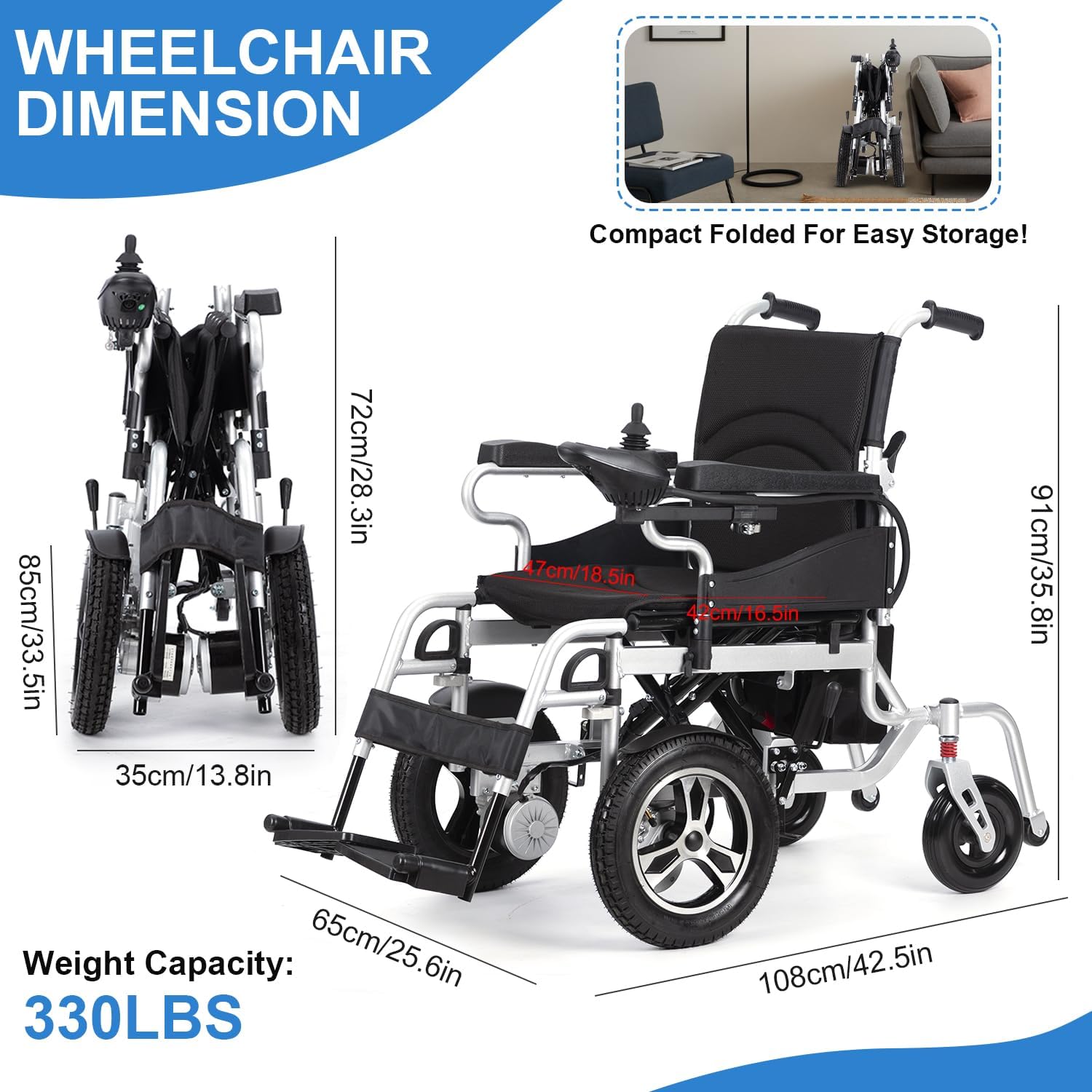 Electric Wheelchair,15 Miles Electric Wheelchairs for Adults,Lightweight Foldable All Terrain Motorized Wheelchair For Seniors,Portable Power Wheelchair for Travel,Compact Mobility Scooters-Up to330lb