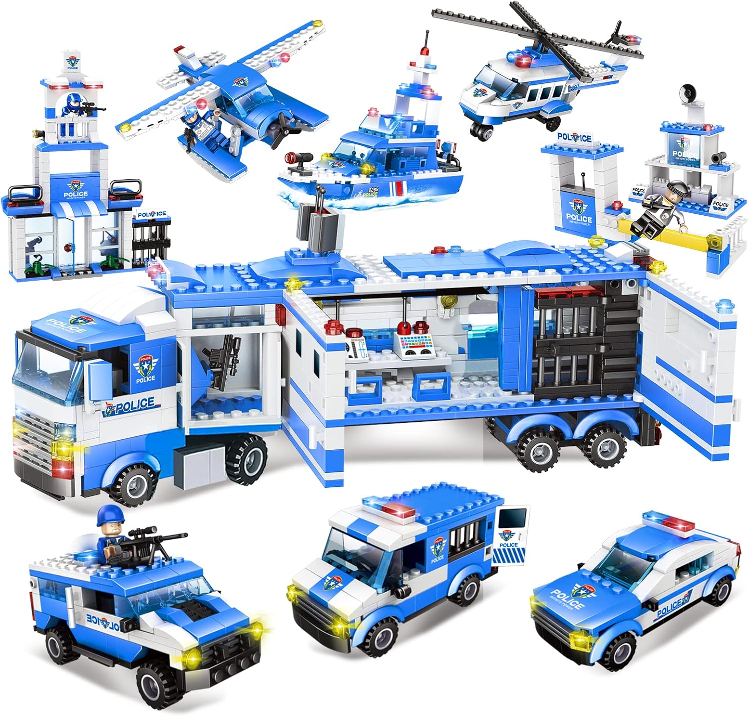 1122 Pieces City Police Station Building Kit & SWAT Mobile Command Center Truck Building Toy with Helicopter, Police Car, Patrol Boat Best Learning and Roleplay Toys Gift for Boys and Girls Age 6-12