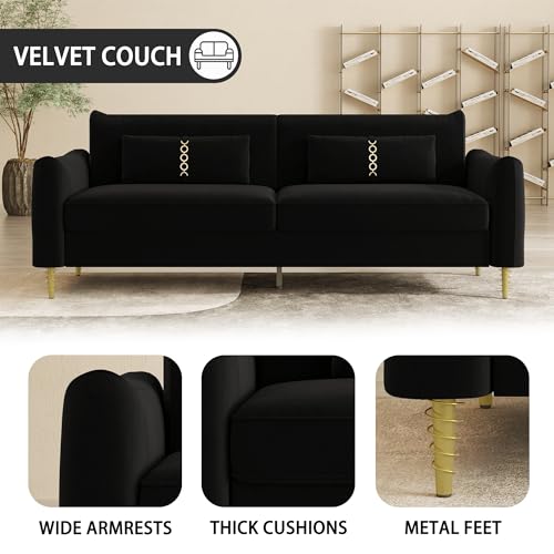 85 in 3-Seat Couch Velvet Couch, Mid Century Modern Couch Love Seats with Solid Wood Frame & 2 Same Color Pillows & Gold Couch Legs, Velvet Sofa Comfy Couch for Large Living Room Space（P16-White）