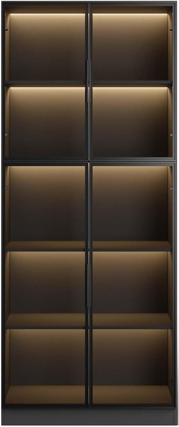 Display cabinet with LDE light and Glass Doors, Bookcase Bookshelf, Wooden Display Cabinet for Home Office, Living Room, and Dining Room - Black (31.5 "W x 16.5 "D x 78.7 "H)