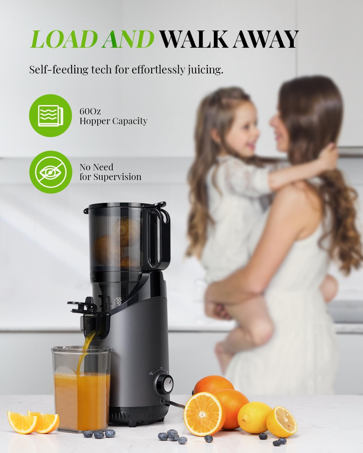 GDOR Self Feeding Cold Press Juicer, Slow Juicer Machines with Large Feed Chute 5.3", Juice Extractor for Whole Fruits & Vegetables, Easy to clean,250W, Gun Grey