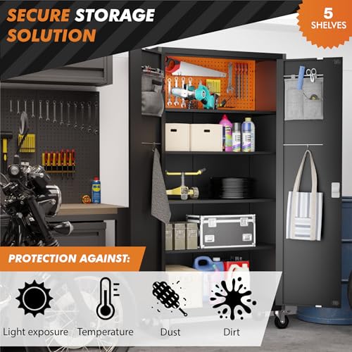 Metal Storage Cabinet with Wheels - Garage Storage Cabinet with Locking Doors | Key Lock | 72" Rolling Tool Storage Cabinet (Dark Gray)