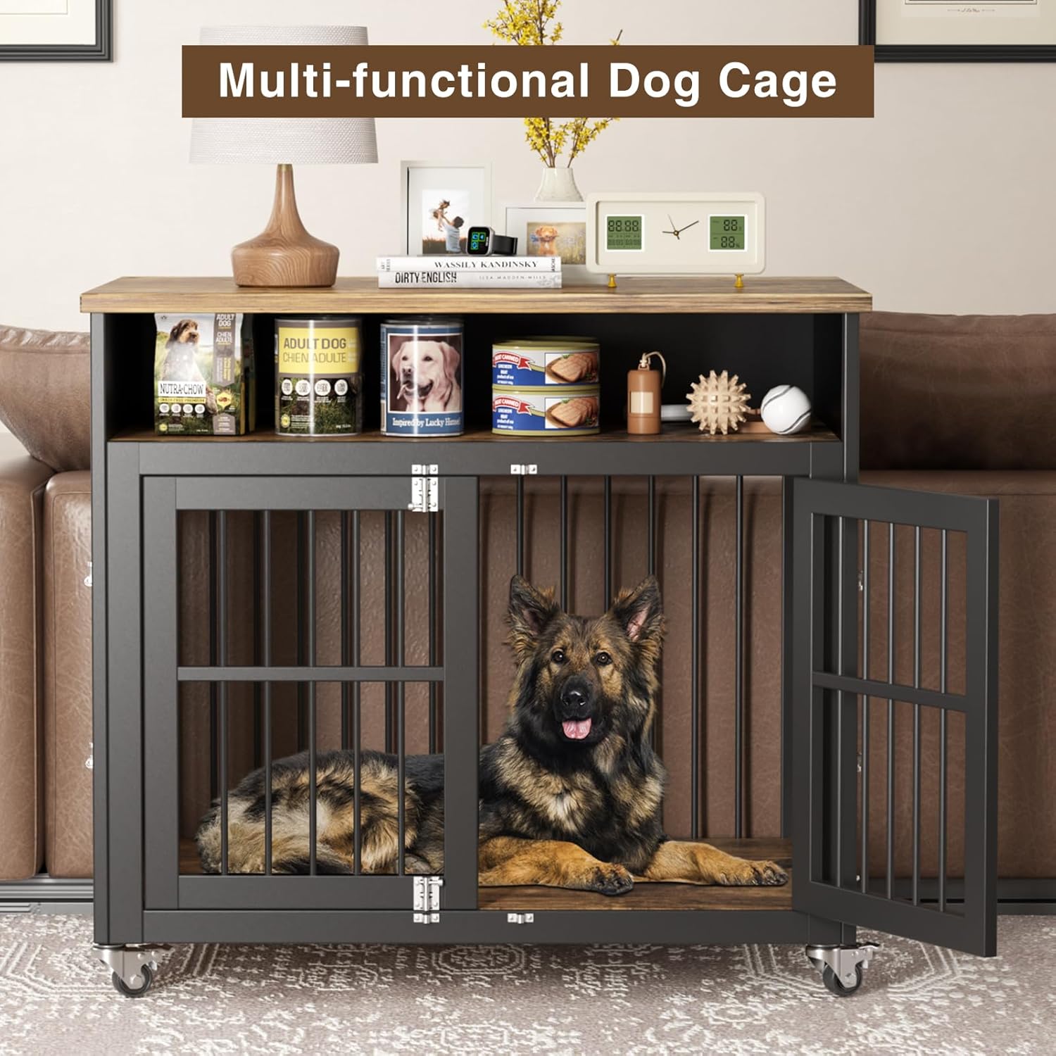 Dog Crate Furniture,39" Dog Kennel Indoor with Wheels, Heavy Duty Wooden Dog Crate for Medium/Large Dogs,Dog Cage with Storage Dog House Side End Table, Brown