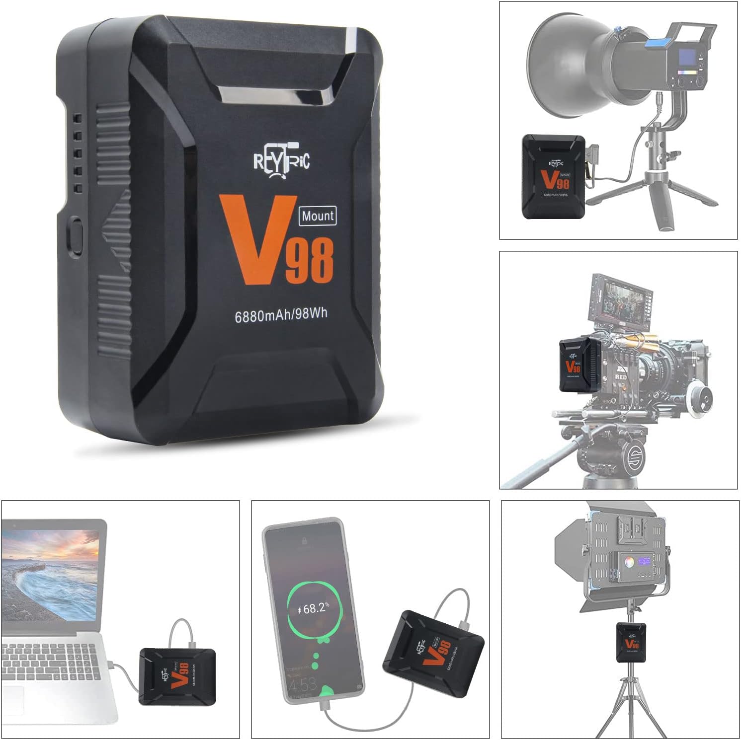 REYTRIC Mini V Mount/V-Lock Battery 98Wh 15A Draw with D-tap to DC Power Cable VMount for Blackmagic BMPCC 4K 6K, Aputure Lights, Monitor (Max Up to 115Wh 7800mAh)