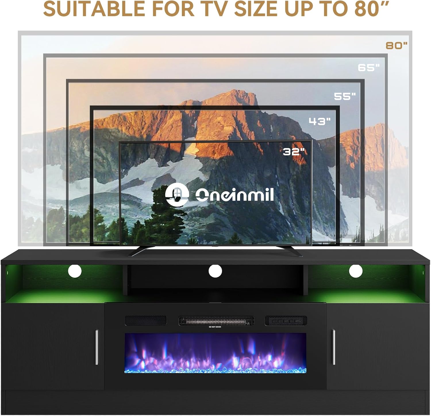 oneinmil Fireplace TV Stand with 36” Electric Fireplace, 70” Fireplace Entertainment Center LED Lights, 2 Tier TV Console for TVs Up to 80", Black