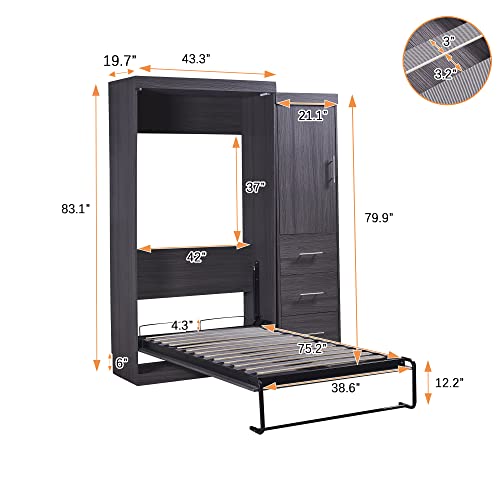 DEINPPA Full Size Murphy Bed with Convertible Wardrobe Farmhouse Style Murphy Cube Cabinet Bed, Wall Bed with Drawers and Shelf for Guest Room Home Office-Antique Wood