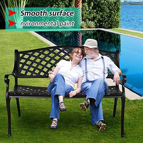 Outdoor Patio Garden Bench All-Weather Cast Aluminum Loveseats Park Yard Furniture Porch Chair Work Entryway Decor w/Checkered Design (Black)