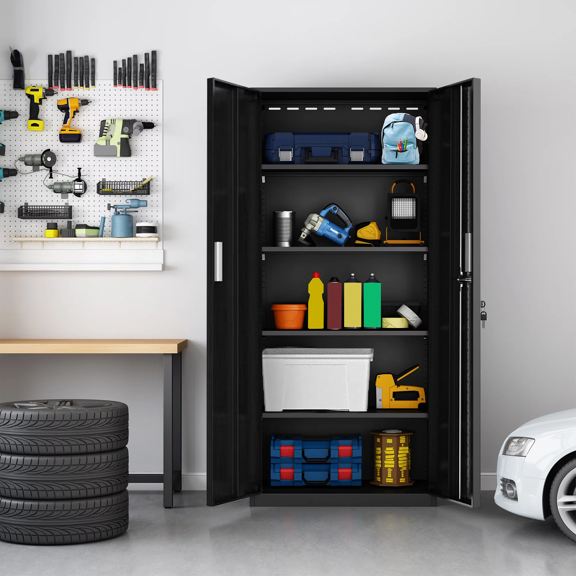 Tall Metal Storage Garage Cabinets with Locking Doors and 4 Adjustable Shelves, Double Handles, Steel Storage Cabinet for Garage, Office, Bedroom,Classroom, Employees,School,GymBlack