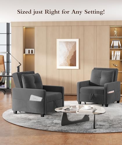 Sleeper Sofa Chair, 3 in 1 Convertible Sleeper Chair with Adjustable Backrest, 32" Pull Out Couch Bed 400lbs Support, Comfy Velvet Small Sofa Bed for Small Space with Pillow & 2 Pockets, Blue