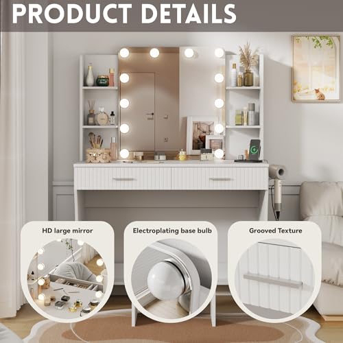 Vanity Desk with LED Lighted Mirror, Makeup Vanity with 3 Adjustable Lights, 2 Large Drawers and 4 Open Shelves, White Vanity with Storage Stool for Bedroom
