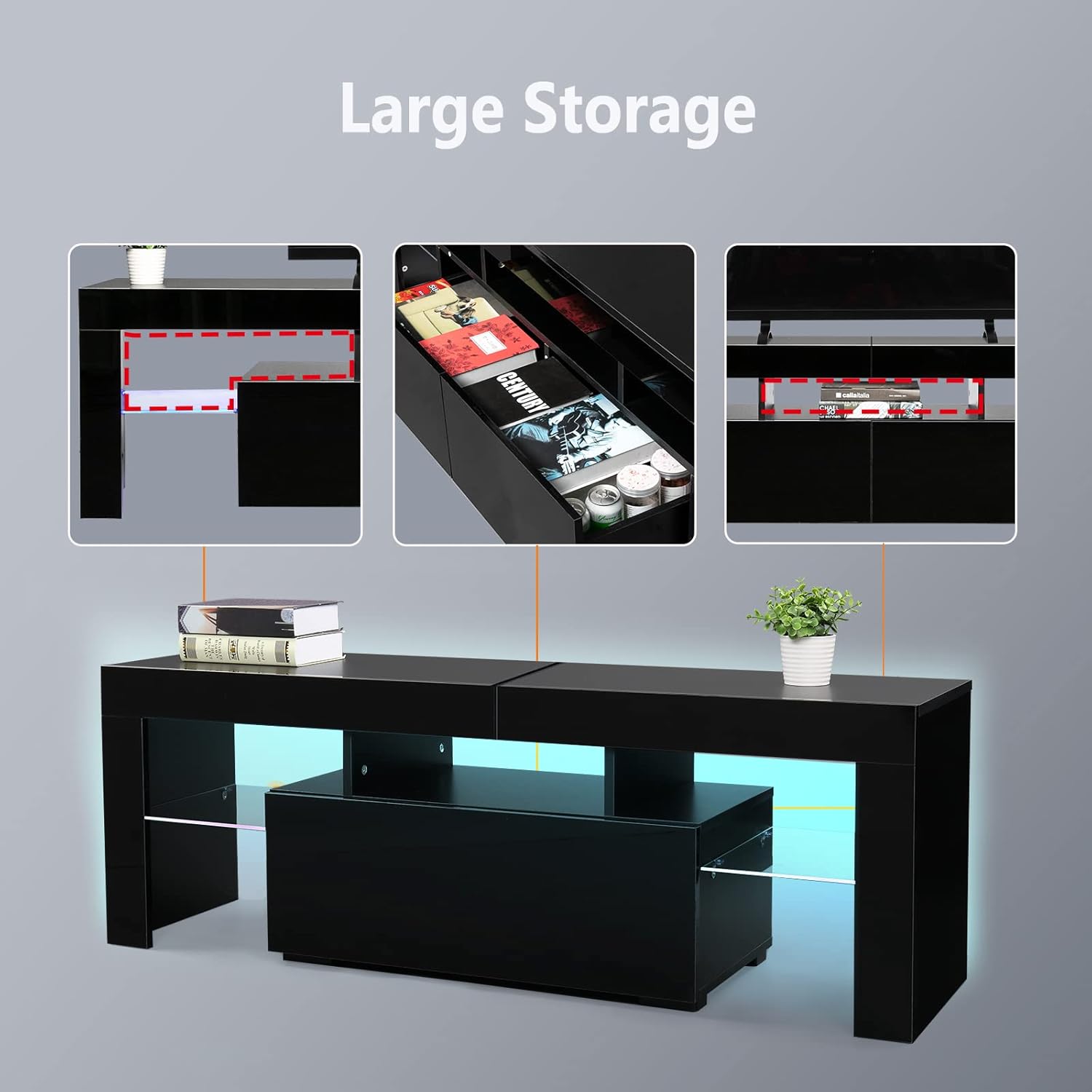Bonnlo LED TV Stand for TVs Up to 55 Inch, Modern Entertainment Center with LED Lights and Storage for Living Room (Black, 51'' x 14'' x 18'')