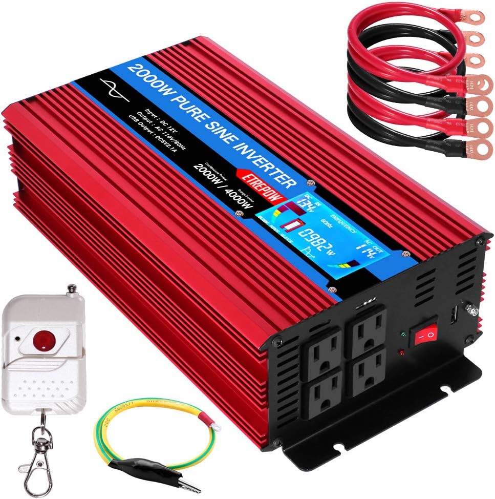 ETREPOW 3000 Watt Pure Sine Wave Inverter 12V to 110V 120V with LCD Display, 4 AC Sockets, 2.1A USB Port, Dual Fans and Wireless Remote Control-Off-Grid Inverter for RV, Automotive 6000W Peak