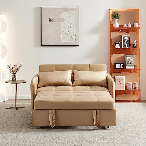 Convertible Sleeper Sofa Chair 3 in 1 Pull-Out Bed, Velvet Loveseat Twins SofaBed for Living Room, Bedroom, Balcony, RV, A-Khaki
