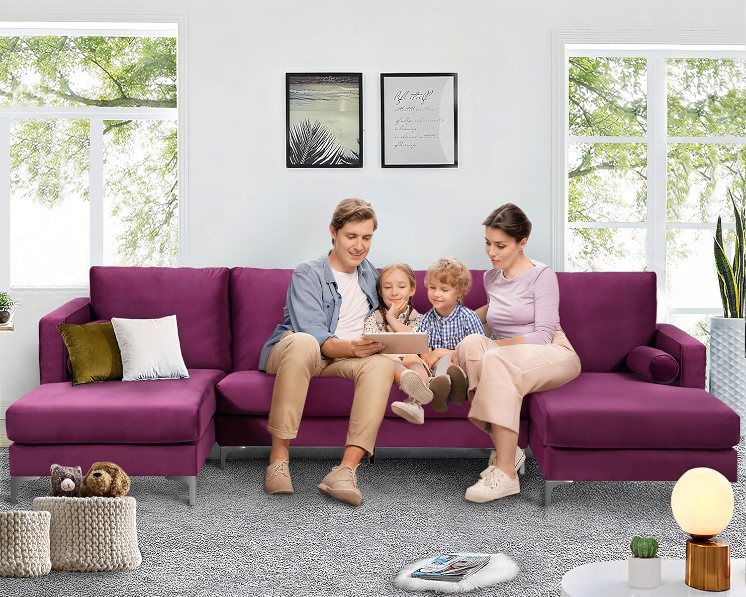 Harper&Bright Designs Sectional Sofa Set, Living Room Furniture Sofa Set, Modern Elegant Velvet Upholstered Couch with 2 Pillows (Purple)