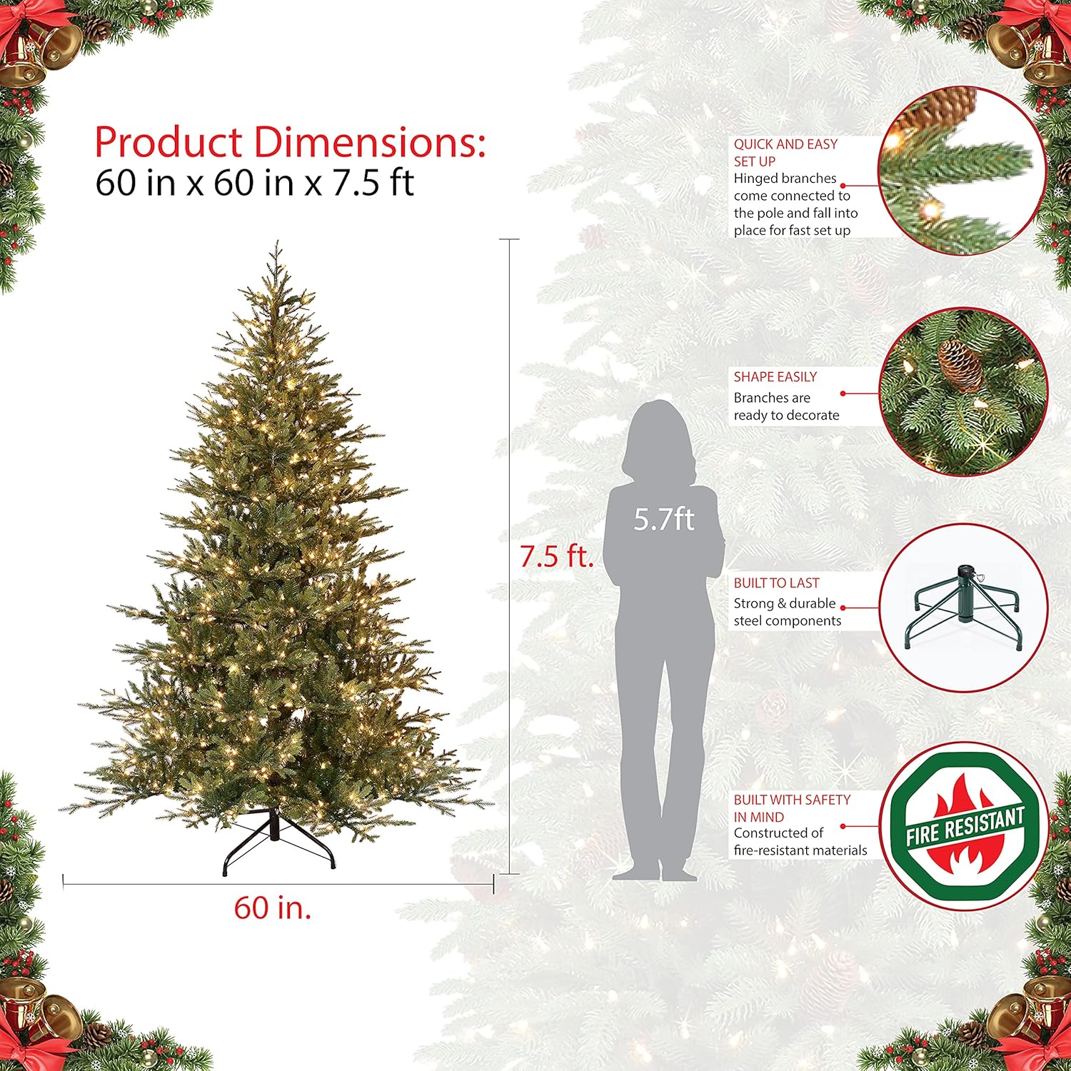 Puleo International 7.5 Foot Pre-Lit Balsam Fir Artificial Christmas Tree with 800 Clear Lights