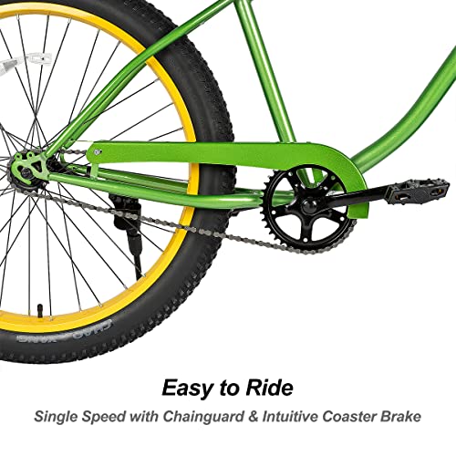 HILAND Adult Fat Tire Beach Cruiser Bike, Wide 26 x 3 Inch Wide Wheels, Single Speed Cruiser Bike with Coaster Brakes for Men Mens Women