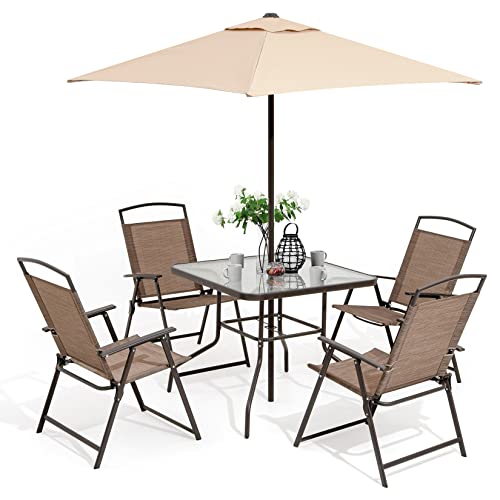 Pellebant 6PCS Patio Dining Set with Square Glass Table, 4 Folding Chairs and Patio Umbrella for Garden, Pool, Backyard, Outdoor, Indoor, Park, Patio, Poolside, Brown