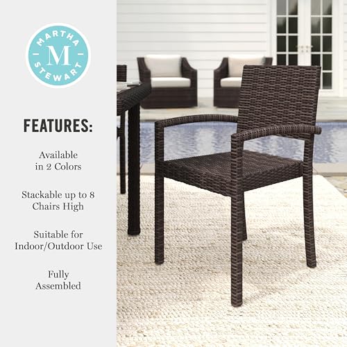 Martha Stewart Bedford Indoor-Outdoor Stackable Patio Armchairs with Rattan Wicker Finish in Brown, Set of 2