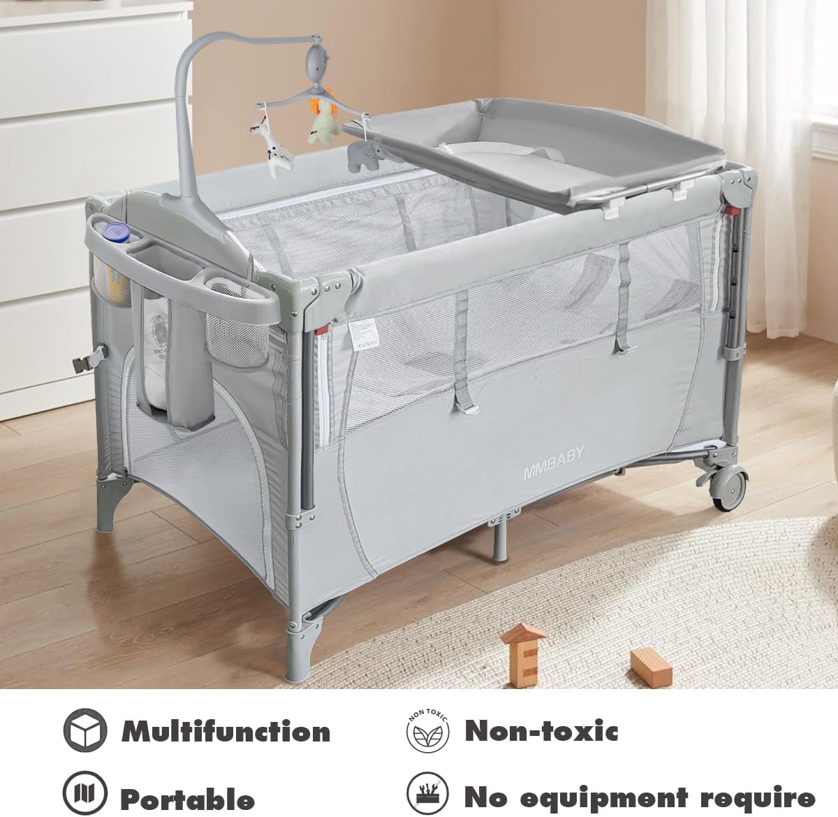 5-in-1 Playpen Portable Crib for Baby,Multifunction Bedside Crib from Newborn to Toddlers,U-Shaped Diaper Changer,Carry Bag,Music Mobile Baby Bassinet