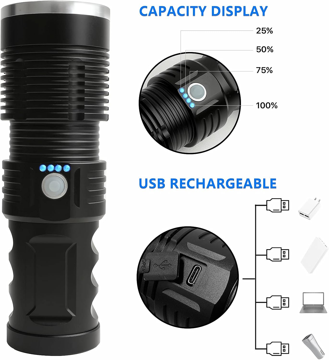 Led Flashlight, 100000 Lumen Super Bright Tactical Flashlights High Lumens with Battery & USB Cable, 3 Modes, Zoomable, Waterproof, Rechargeable Handheld Flashlight for Camping Emergencies