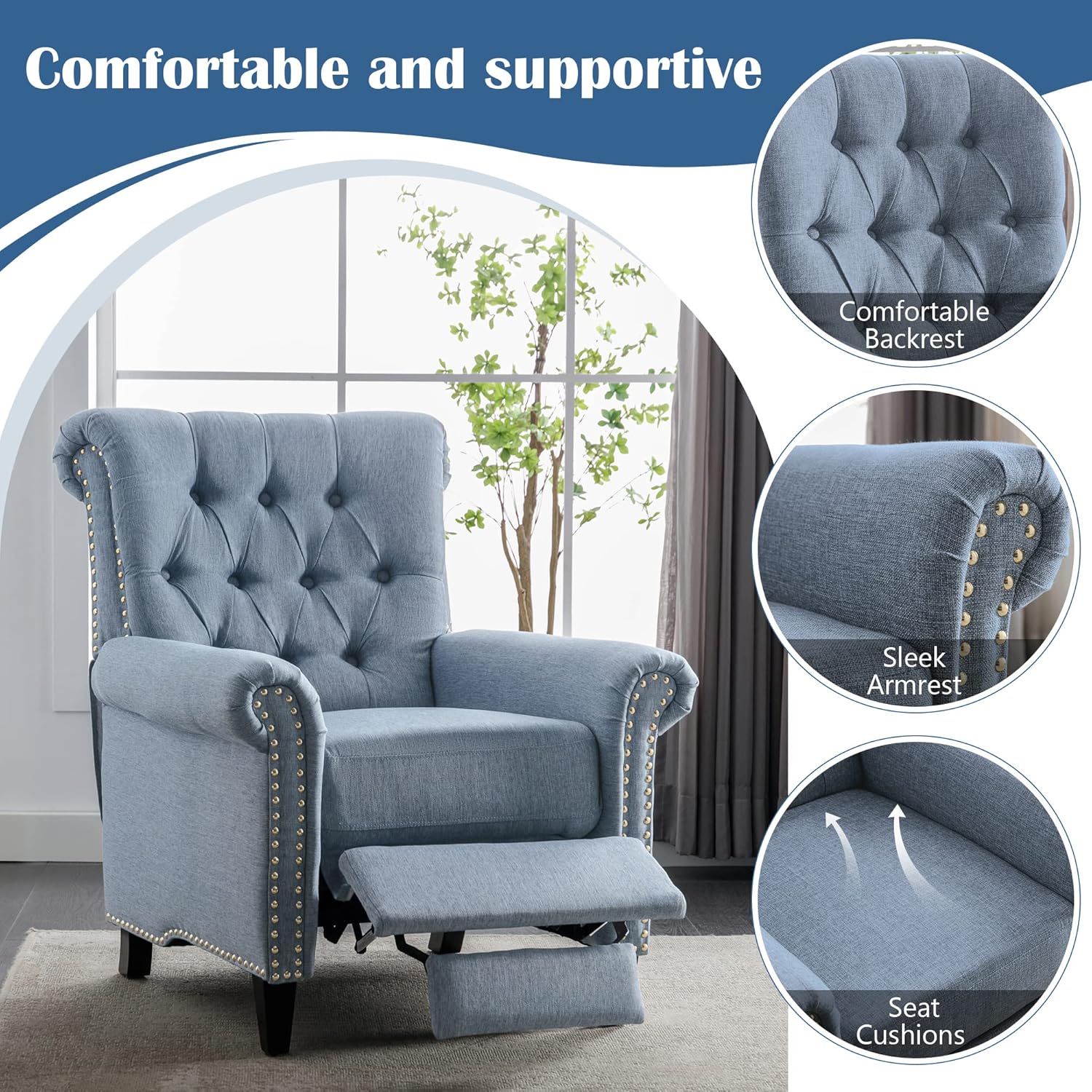Pushback Recliner Chair, Linen Tufted Armchair Push Back Recliner with Rivet Roll Armrest, Single Sofa Accent Chair for Living Room and Bedroom