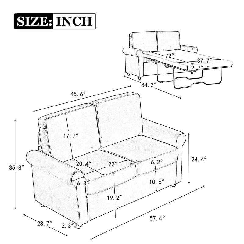 Pull Out Sofa Bed, 2 in 1 Pull Out Couch Sleeper Sofa Bed Couch with Twin Size Mattress Pad & 2 USB Ports, Convertible Sofa Couch Loveseat Sleeper for Living Room, Bedroom, Small Space, Grey