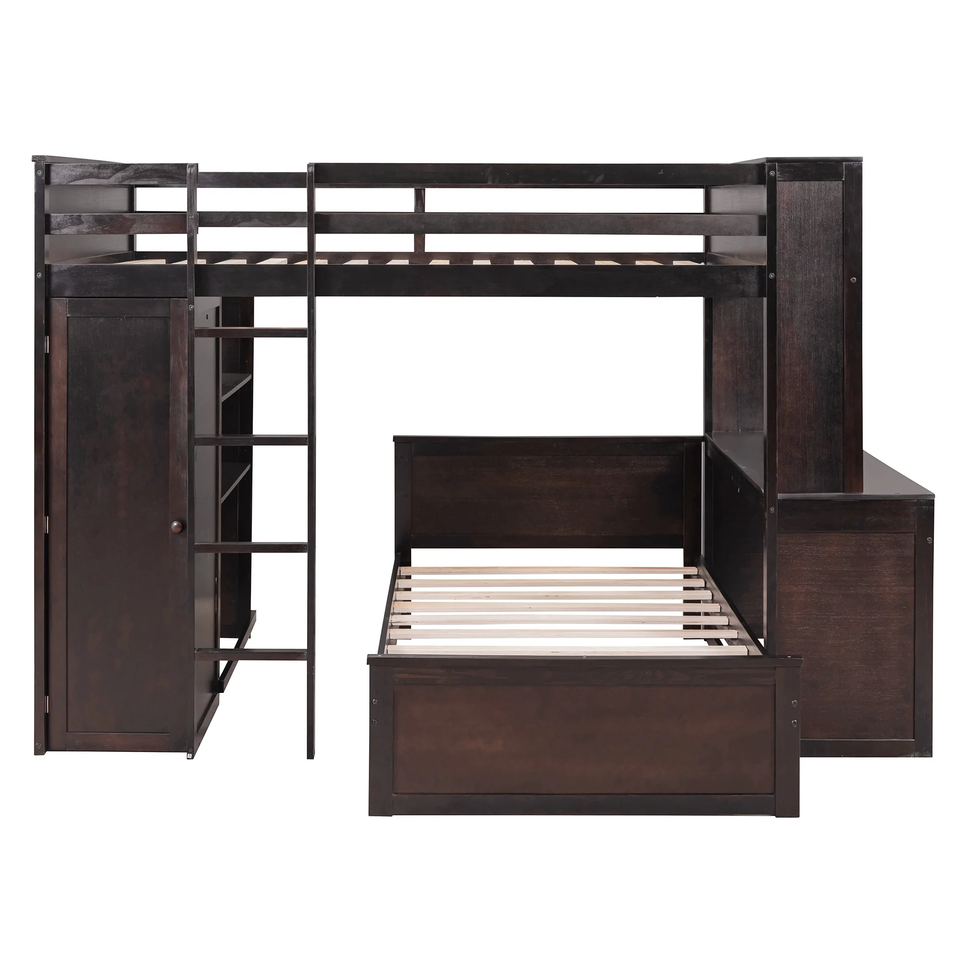Twin Over Twin Bunk Bed with Storage, Solid Wood Bunk Bed with Shelves, Desk and Wardrobe, Twin Size Loft Bed with a Stand-Alone Bed for Kids Teens Adults (Espresso)