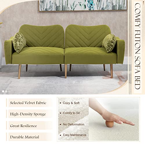 Modern Velvet Futon Sofa Bed, Convertible Loveseat with 2 Crescent-shaped Pillows, Small Sleeper Sofa with 3 Adjustable Positions, Upholstered Living Room Couch with 7 Metal Tapered Legs, Beige