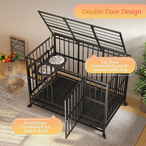 LOVMOR 48" Heavy Duty Dog Crate with Wheels/Unique Air Lift Rod / 360° & Adjustable 2 Bowls/Removable Dog Cage Tray Extra Large XL XXL Dog Crate