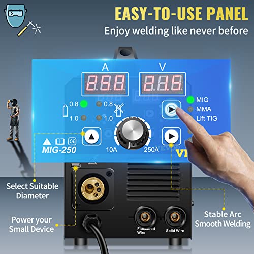 VEVOR 250Amp MIG Welder, Welding Machine 3 in 1, 220V Flux Core/Gas/Solid Wire Welding Machine w/IGBT Inverter & Torch, Digital MIG/Lift TIG/Stick Multiprocess Welder