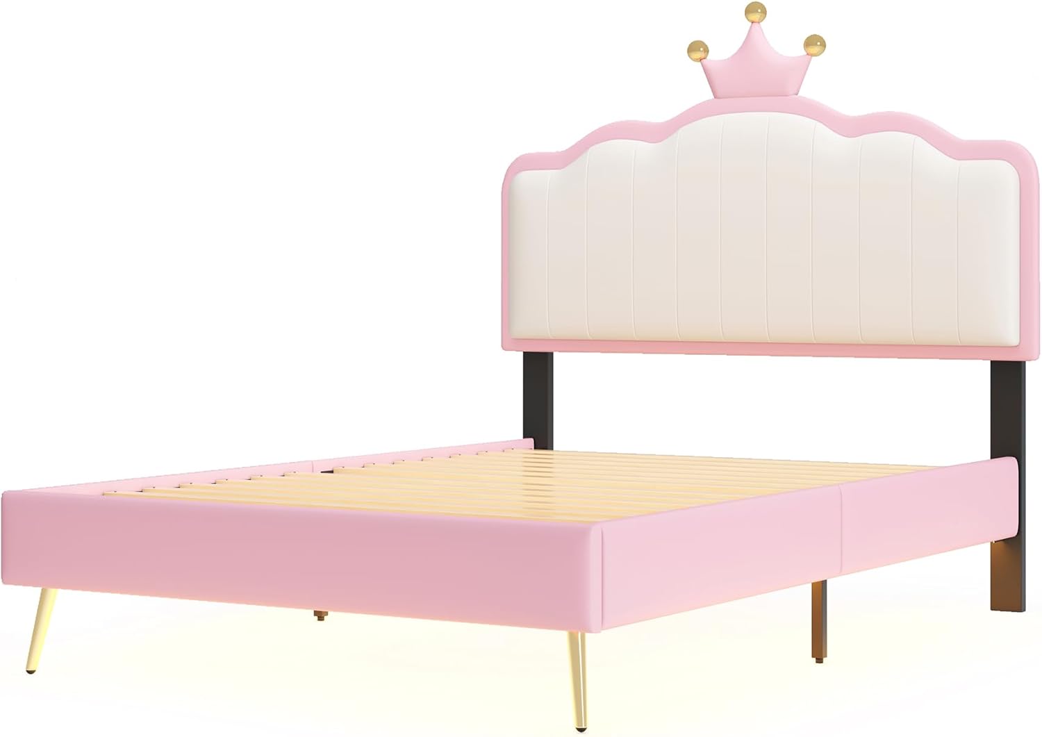 P PURLOVE Twin Upholstered Platform Bed with Light Strips and Golden Metal Legs, Wooden Platform Bed Frame with Footboard and Crown Headboard, PU Leather Princess Bed for Girls (White and Pink)