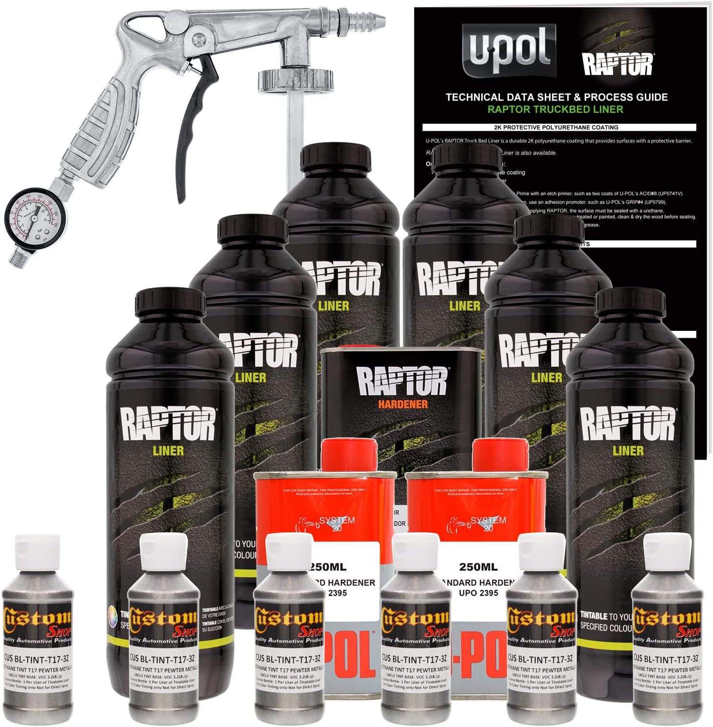 U-POL Raptor Pewter Metallic Urethane Spray-On Truck Bed Liner Kit W/Free Spray Gun, 6 Liters