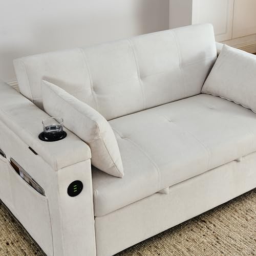 3 in 1 Convertible Sofa Bed 54" Pull Out Couch Bed Chenille 2-Seater Sleeper Sofa Bed with USB Power Outlet,Pillow and Side Pockets, Adjustable Backrest for Apartments, Office, Living Room (White)
