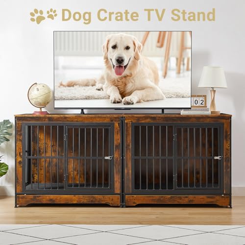 Rovibek 86" Extra Large Corner Dog Crate Furniture, Double Dog Kennel Furniture for 2 Large Dogs, Stackable Dog Crates Furniture with Removable Divider & Hidden Tray & 3 Doors