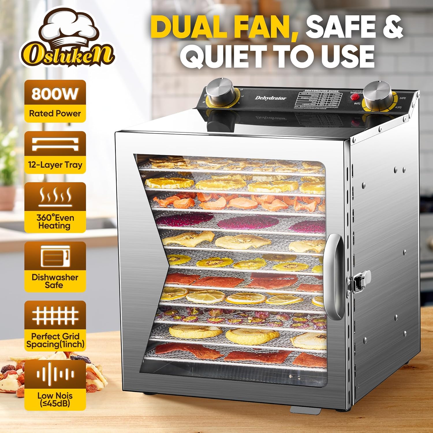 Food Dehydrator Machine 800W, 12 Stainless Steel Trays Dehydrated Dryer with 12H Timer & 86°F-194°F Temperature Control for Beef Jerky, Meat, Fruit, Herb, Dog Treats, Veggies, Recipe Book