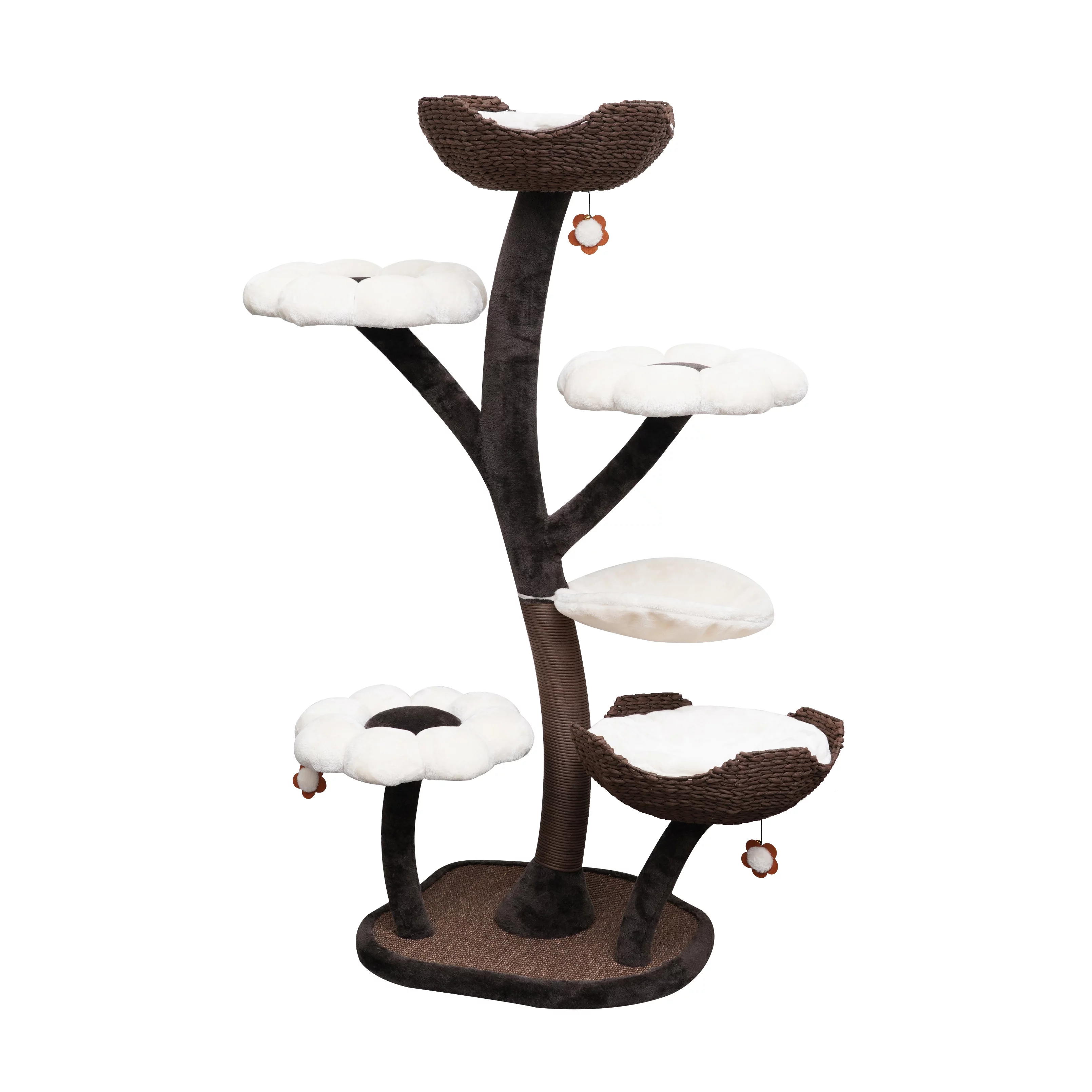 Catry 59" Natural Blossom Flower Woven Tree Branches Large Cat Tree 6-Level Cat Tower w/ Hammock Foam-Padded Perches Basket for Large Adult Cats Play House Indoor Climbing Modern Cat Furniture