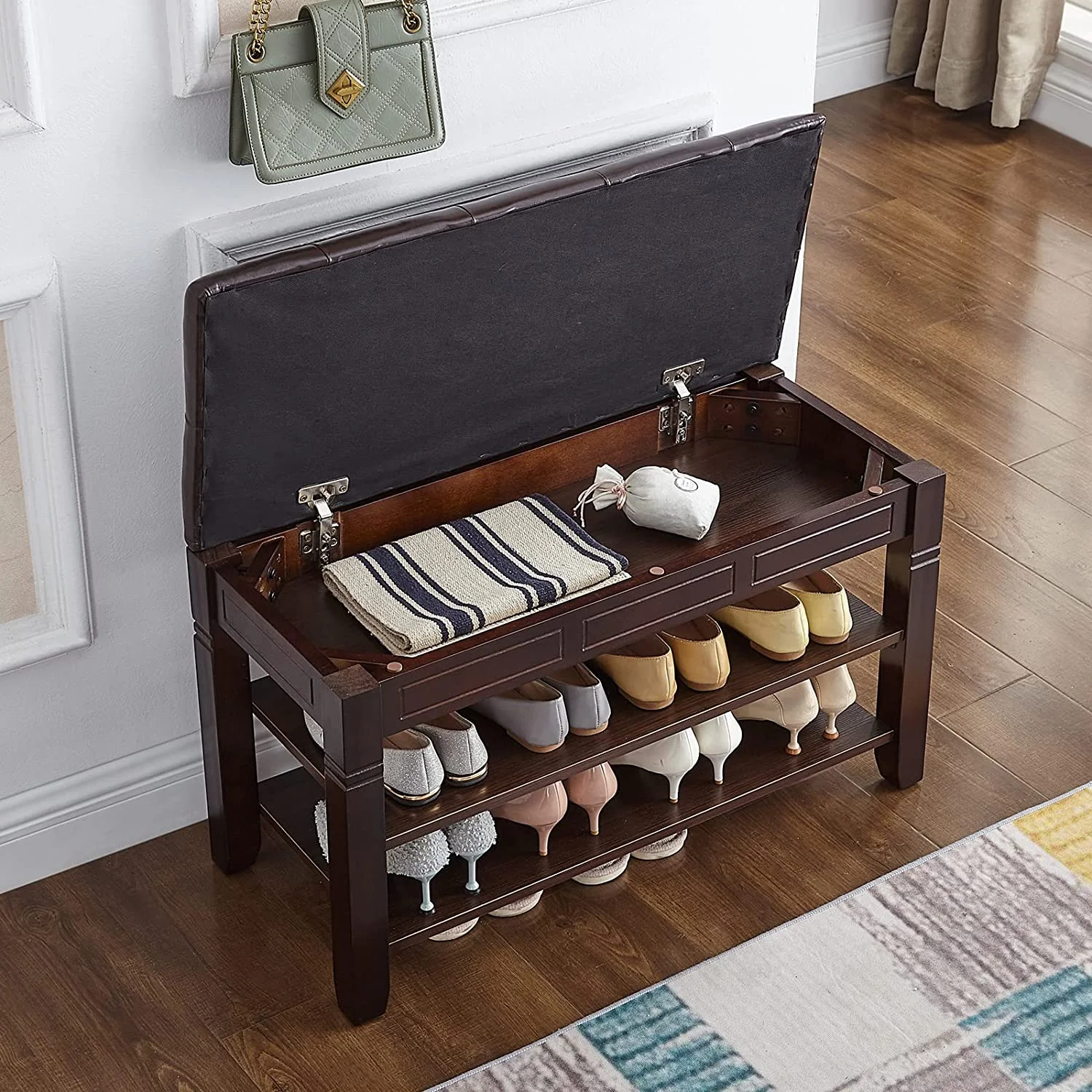 Shoe Storage Bench with Cushion, Entry Bench with Storage Solid Wood Shoe Bench Ideal for Entryway Living Room and Corridor (Brown, 31.5'')